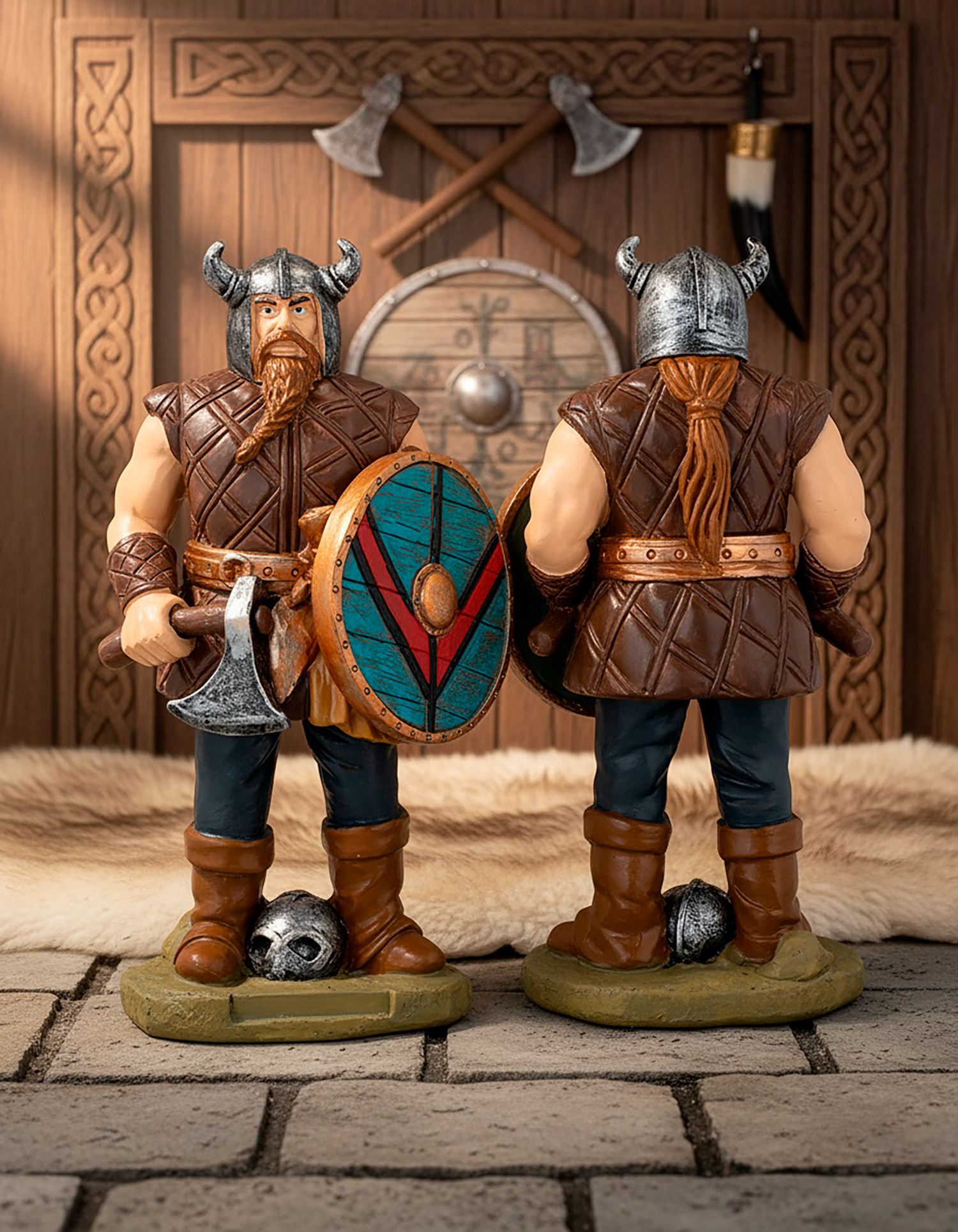 Figura de guerreiro viking com escudo e machado, em resina