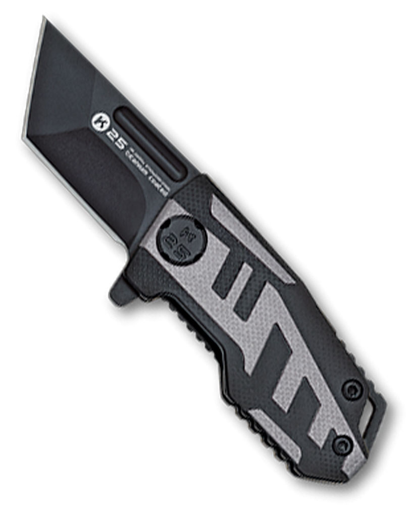 Canivete tático K25 com cabo preto e cinza