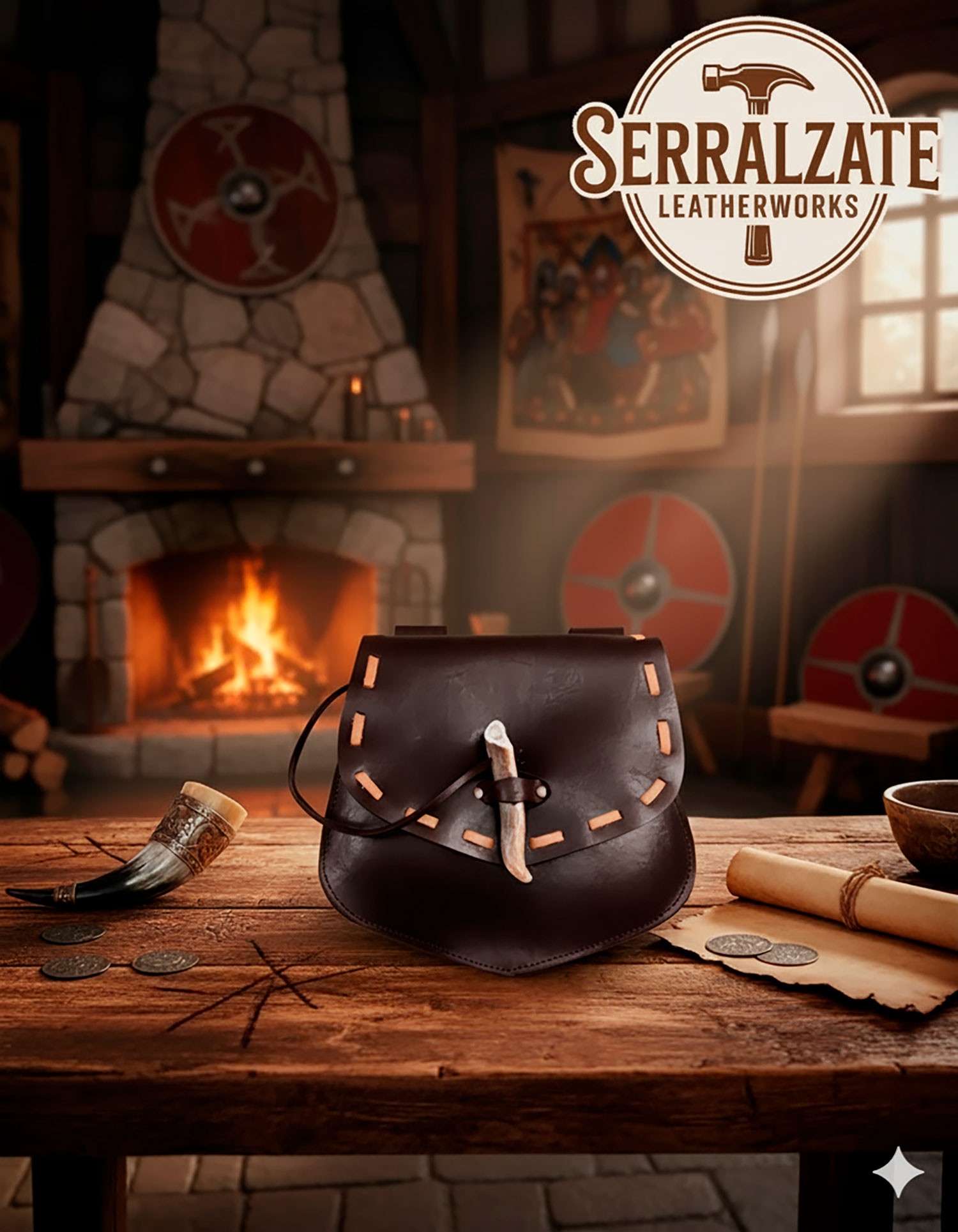 Bolsa vikings com chifre de Gjallarhorn para cinto, marrom escuro