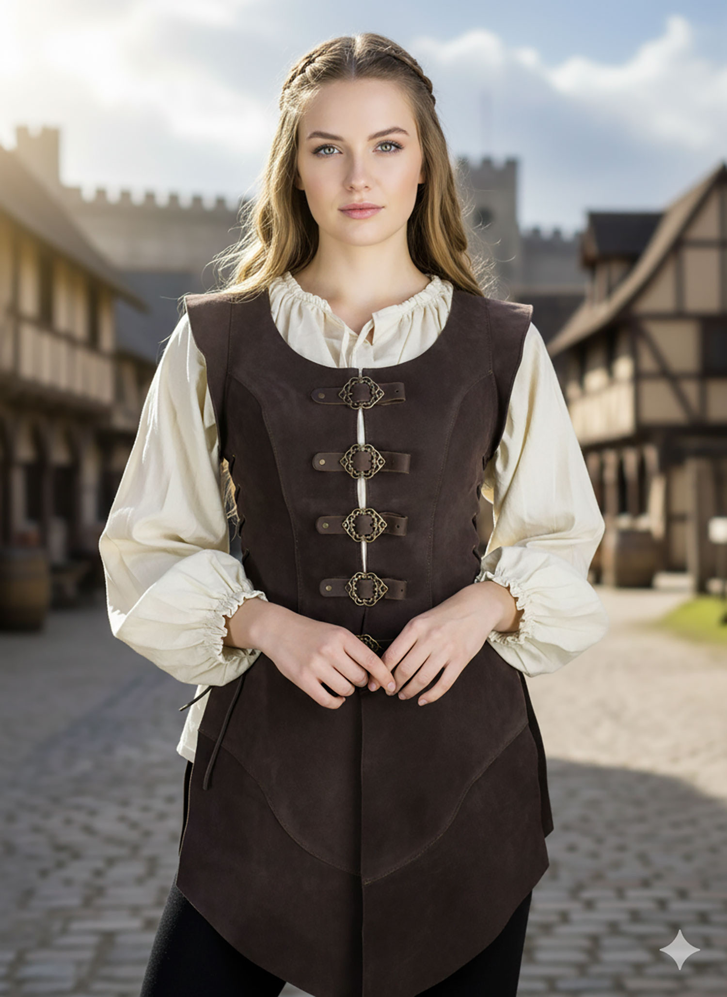 Jaquetão longo de couro medieval Julienne, marrom