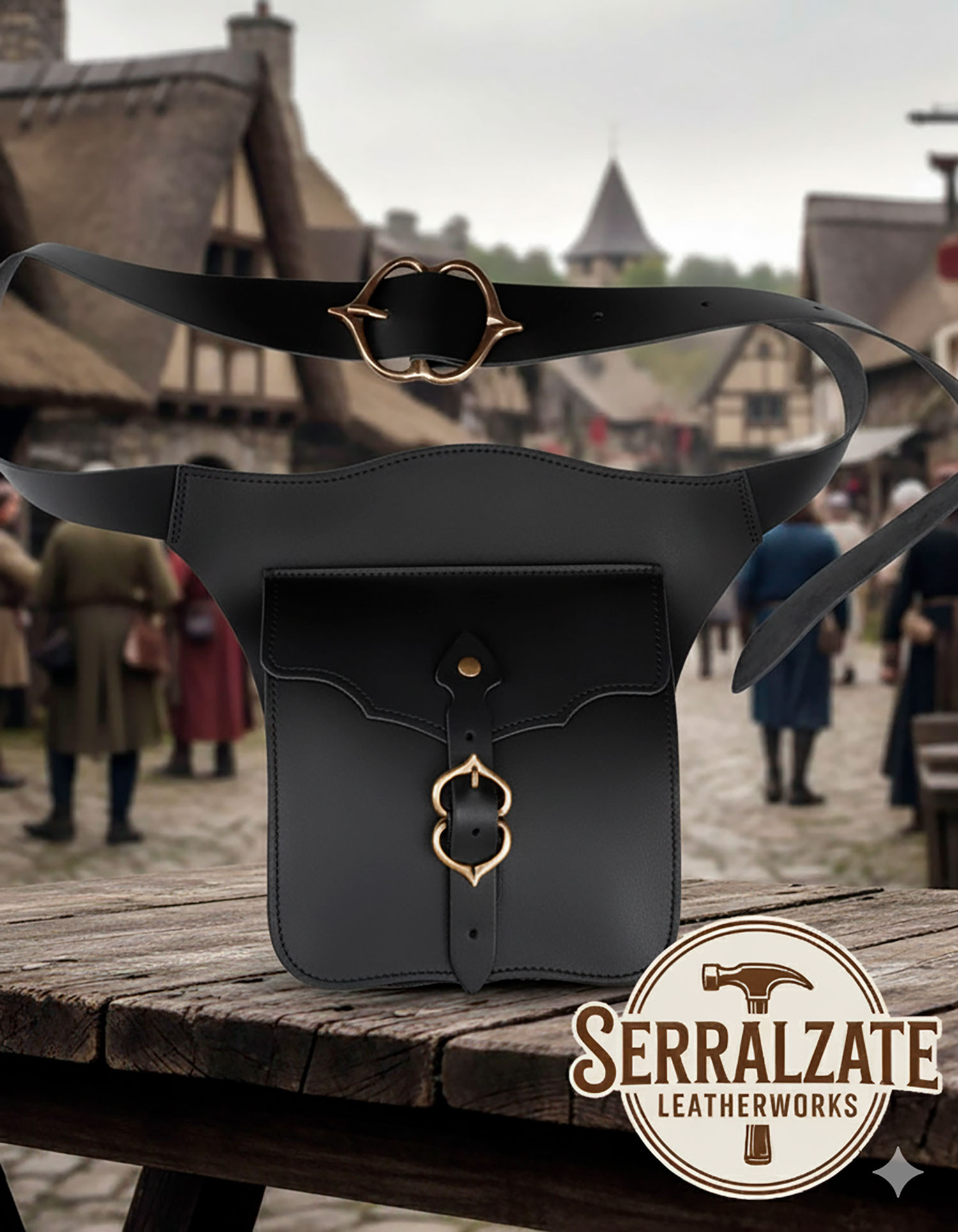 Bolsa tiracolo medieval do viajante em couro, cor preta