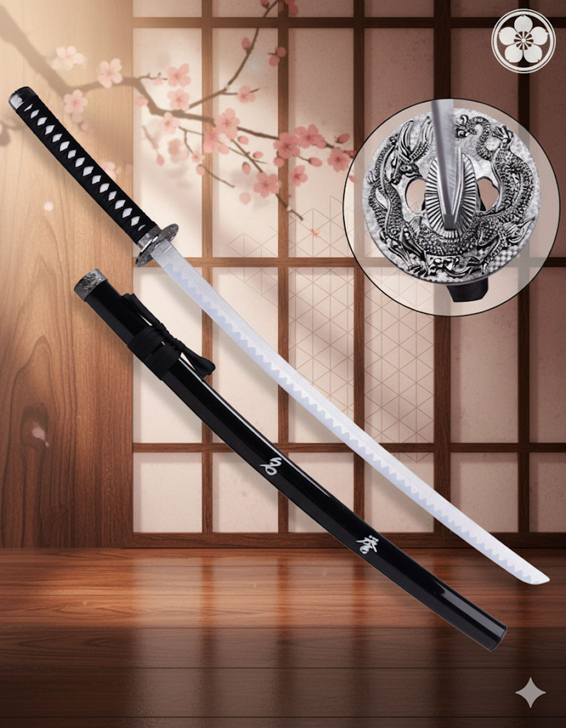 Katana decorativa tsuba Dragão, lâmina de bambu (103 cm.)