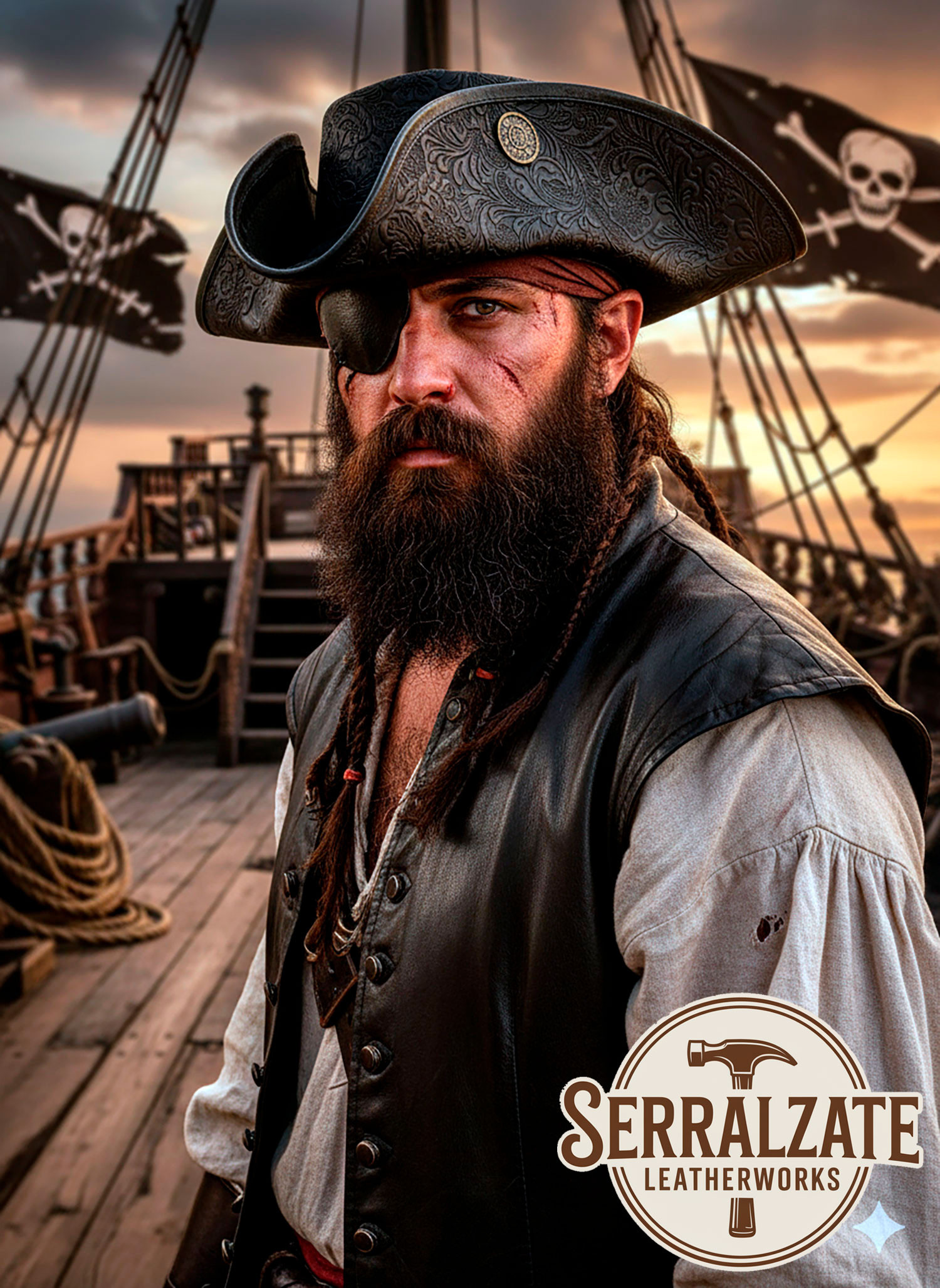 Chapéu Pirata Tricornio de Couro Deluxe, preto