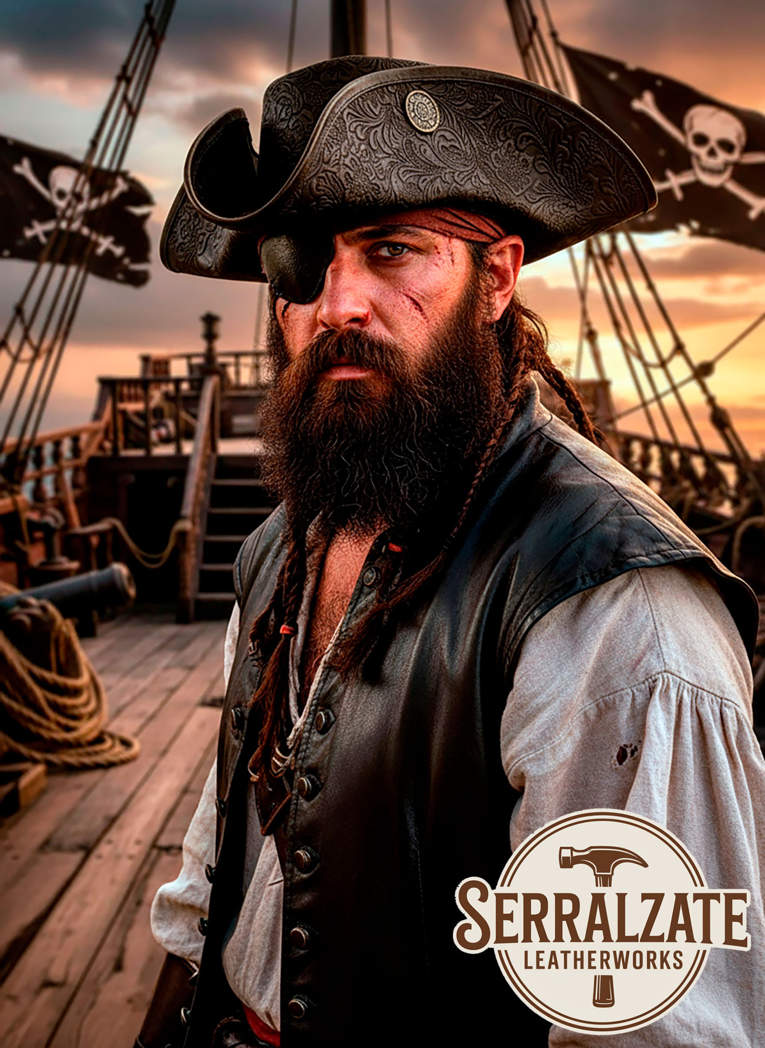 Chapéu Pirata Tricorn de Couro Deluxe, marrom escuro