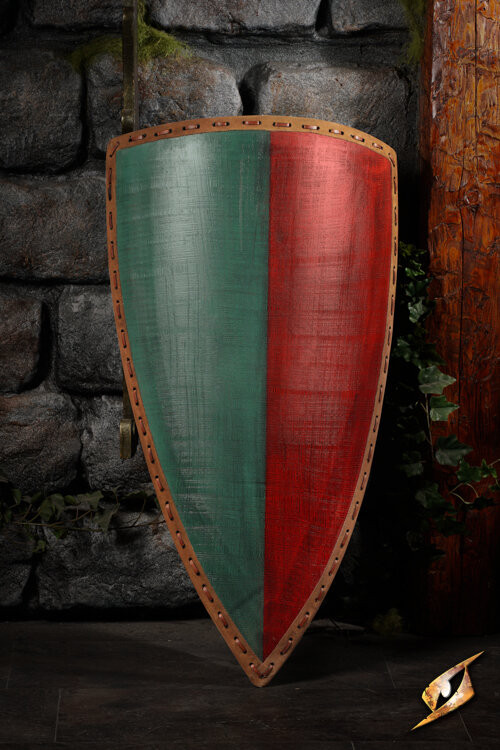 Escudo medieval bicolor para LARP modelo Heater, verde-vermelho