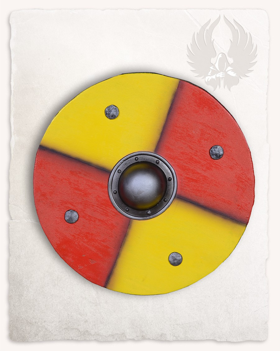 Escudo vikingo redondo para LARP modelo Rorrik, amarelo-vermelho