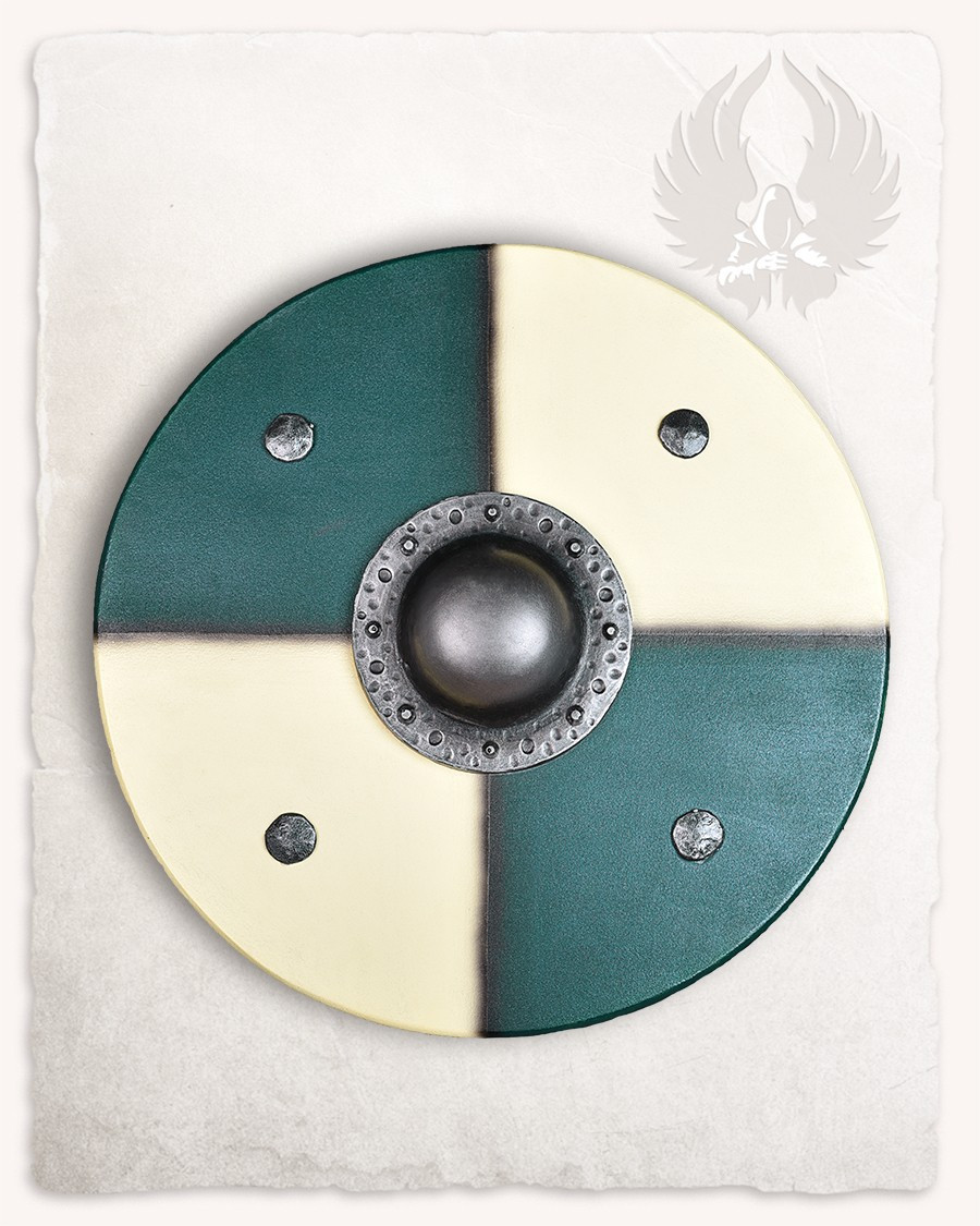 Escudo vikingo redondo para LARP modelo Rorrik, verde-branco