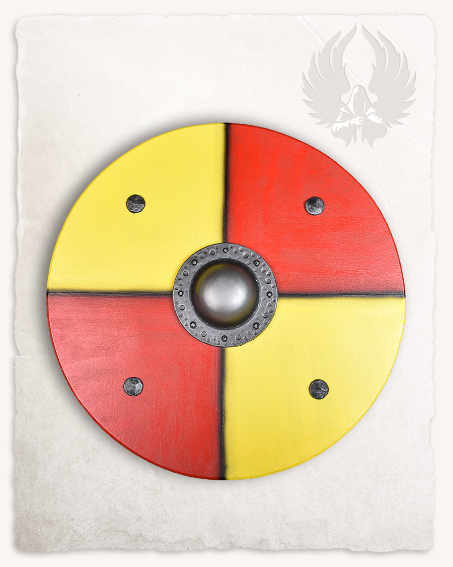 Escudo medieval grande para Larp modelo Rorrik, amarelo-vermelho