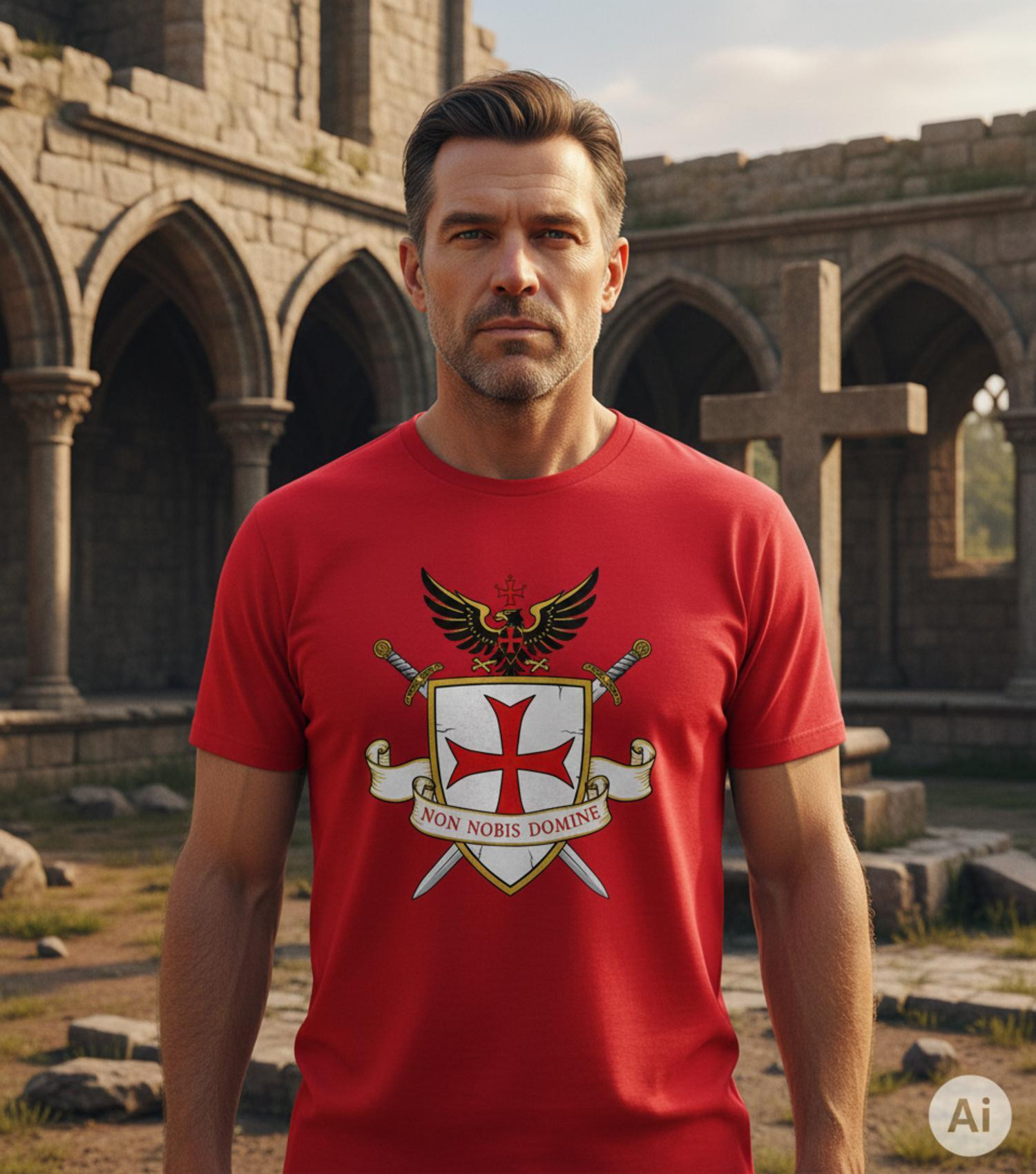 Camiseta vermelha Templária para homem, Non Nobis Domine