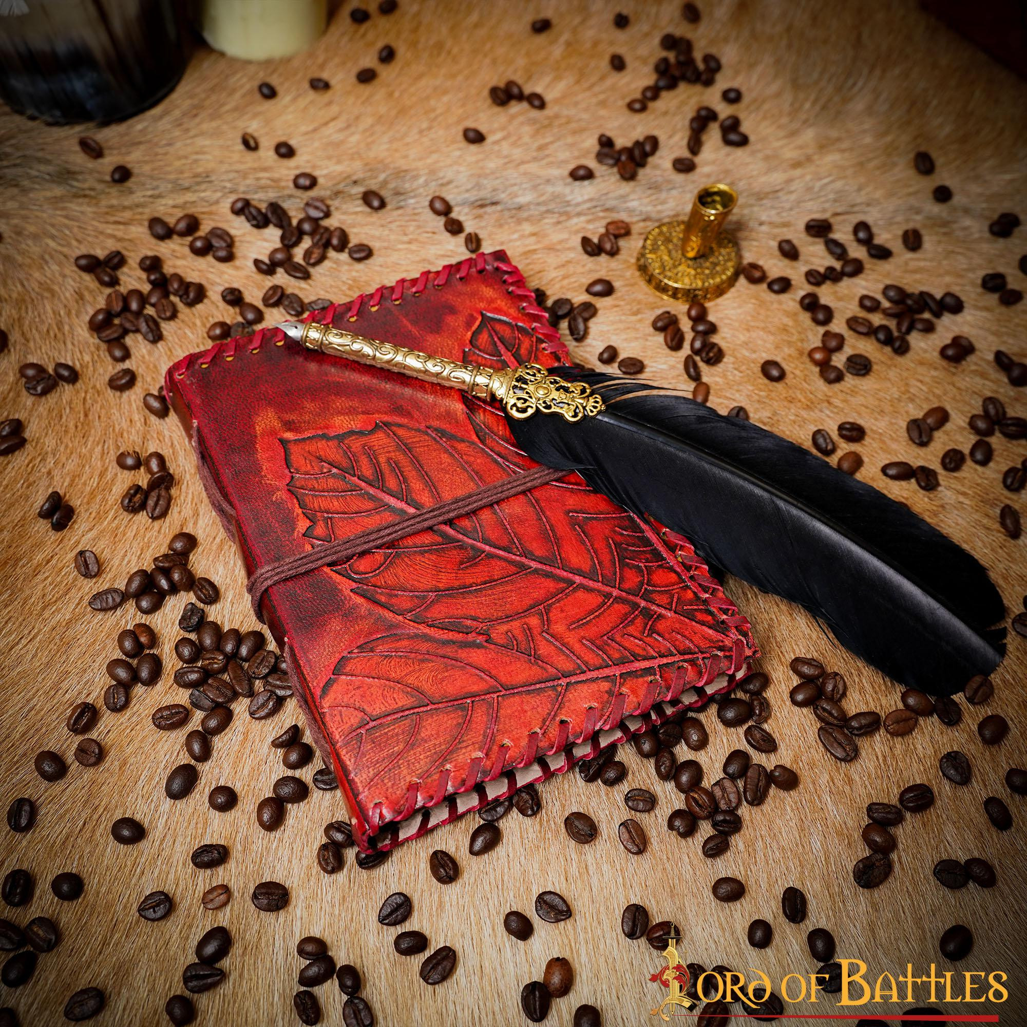 Diário medieval capa de couro design folhas em relevo