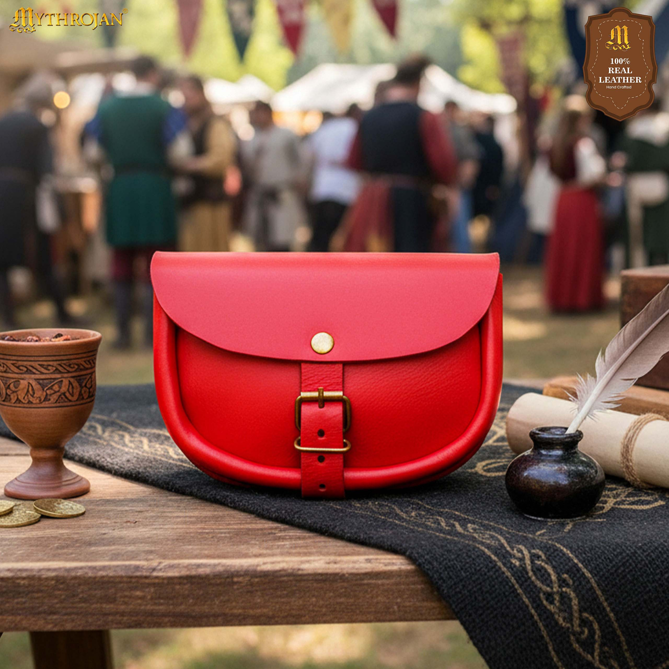 Bolsa medieval simples de couro, cor vermelha