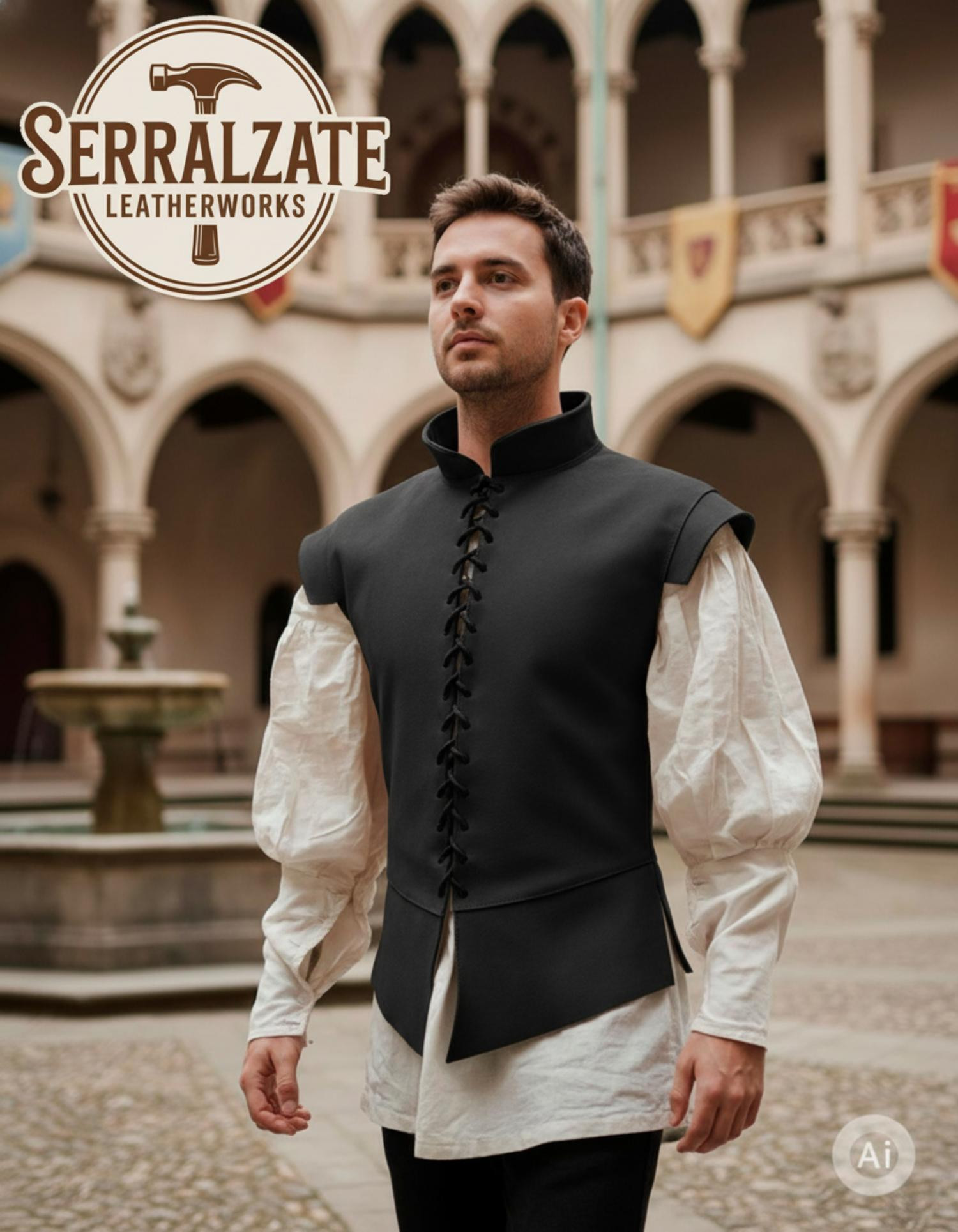 Jubão medieval e renascentista em camurça negra