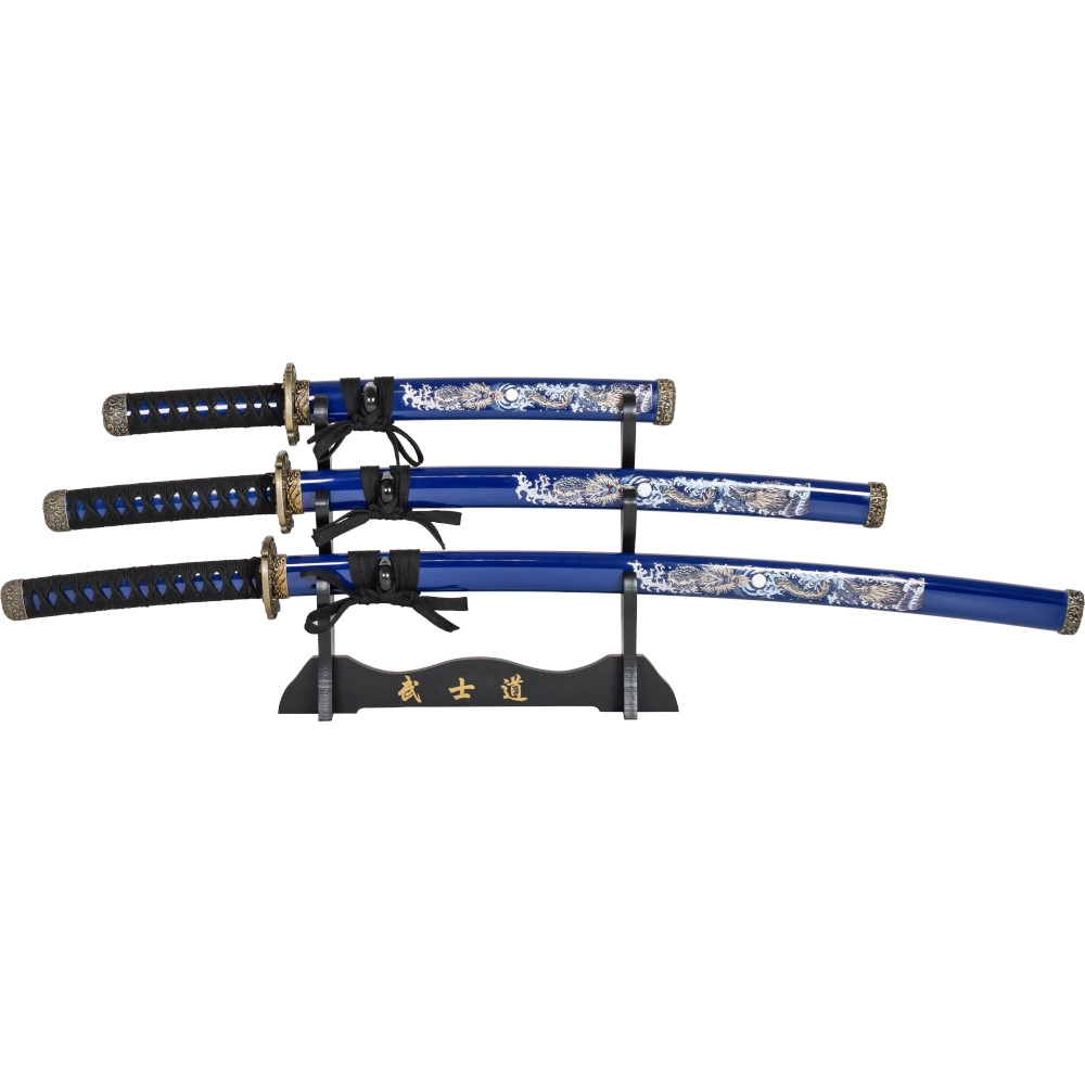 Conjunto Katana Wakizashi e Tanto decorativo com suporte, cor azul