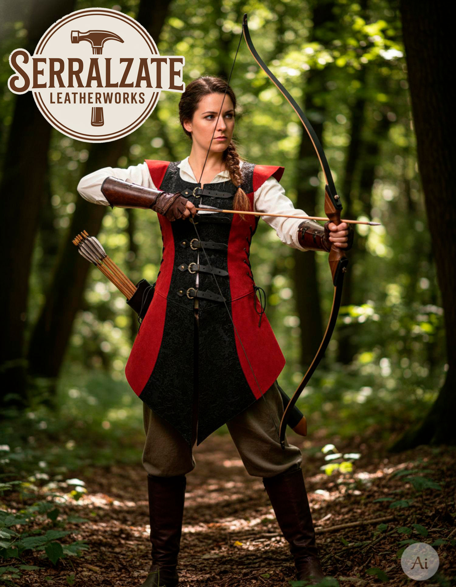 Vestido de guerrera medieval Ingrid em couro, vermelho e preto