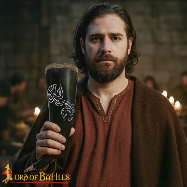 Corneta Vikinga Gravada de Boi com Ave Nórdica