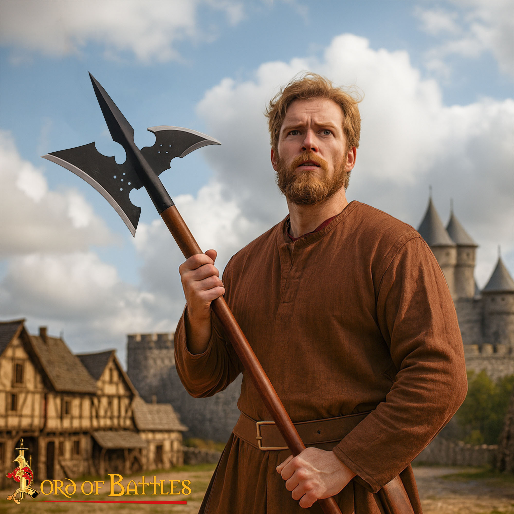 Halberd medieval forjada, madeira maciça
