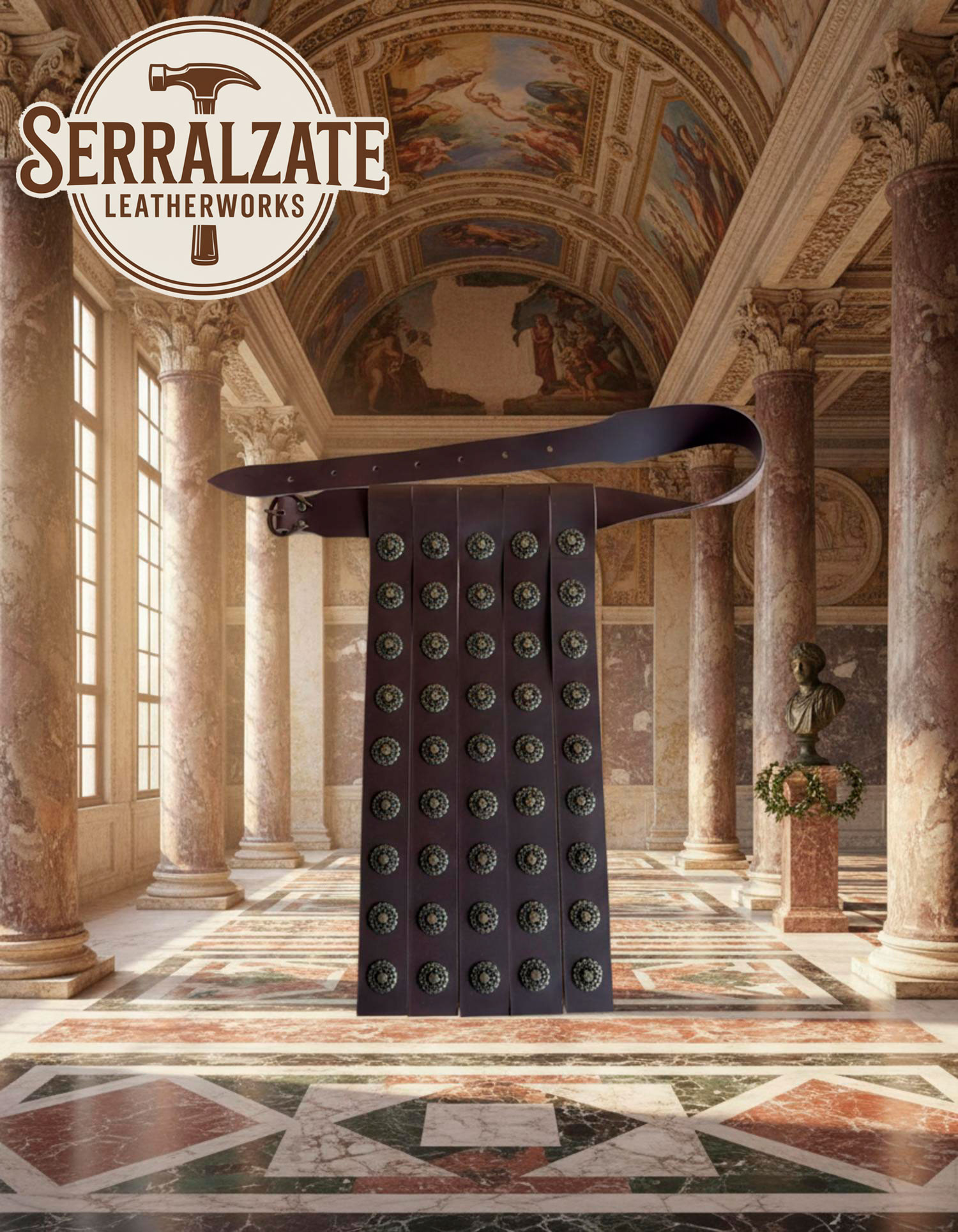 Cinto romano militar couro marron 4 pteryges