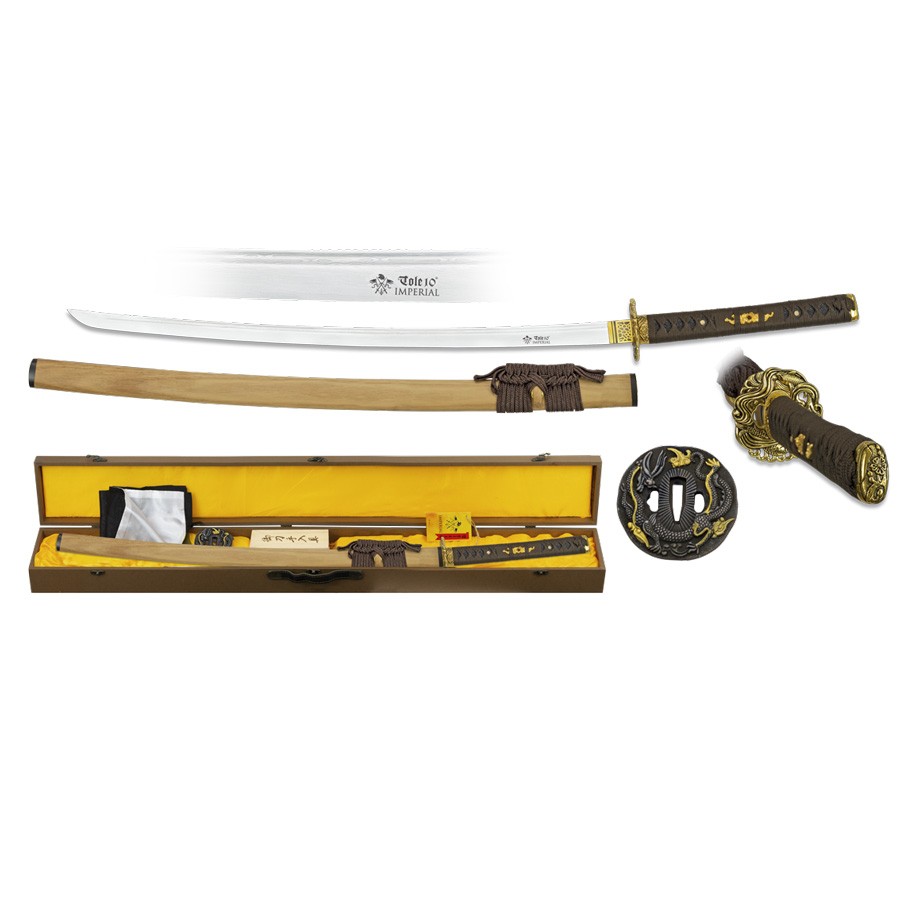 Lâmina de aço Katana Damasco com caixa, bainha, kit de limpeza e tsubas