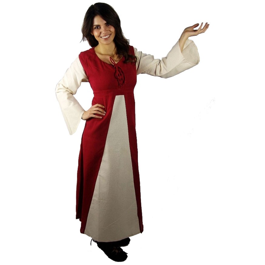 Vestido medieval de algodão creme vermelho