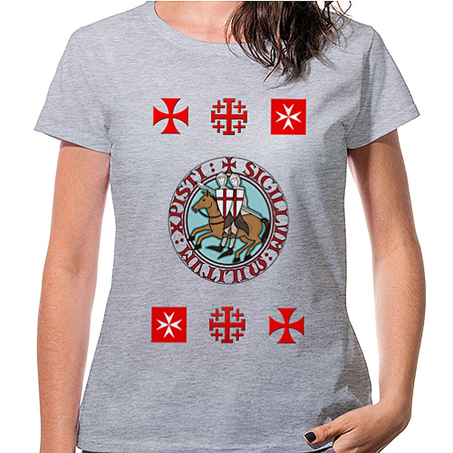 T-shirt Templar cinza de mulher com cruzes, manga curta