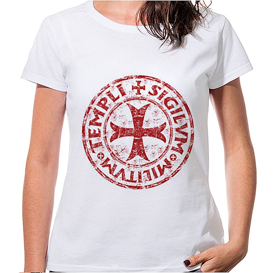 Camiseta Mulher Branca Cruz e Lenda Templária