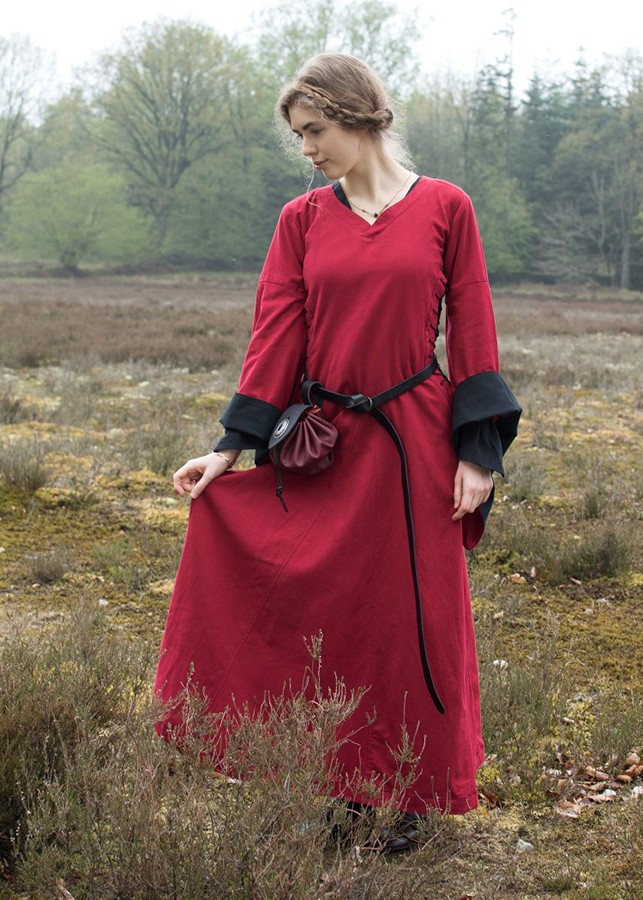 Vestido medieval aberto Bliaut Amal, rubro-negro
