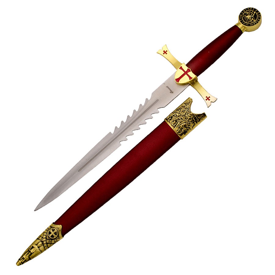 A espada templária, com bainha, o acabamento vermelho