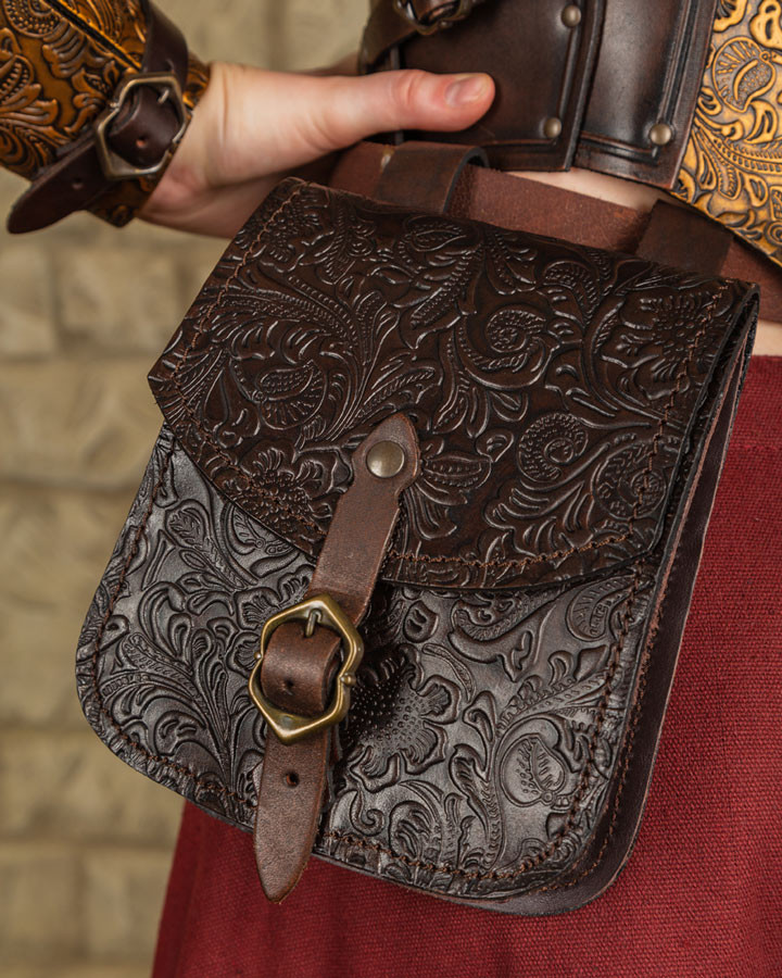 Bolsa medieval Beatriz em couro estampado marrom escuro