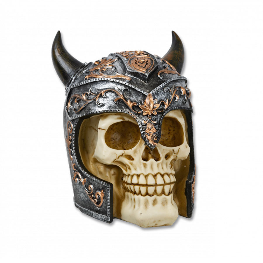 Miniatura de caveira com capacete Viking, 15 cm.