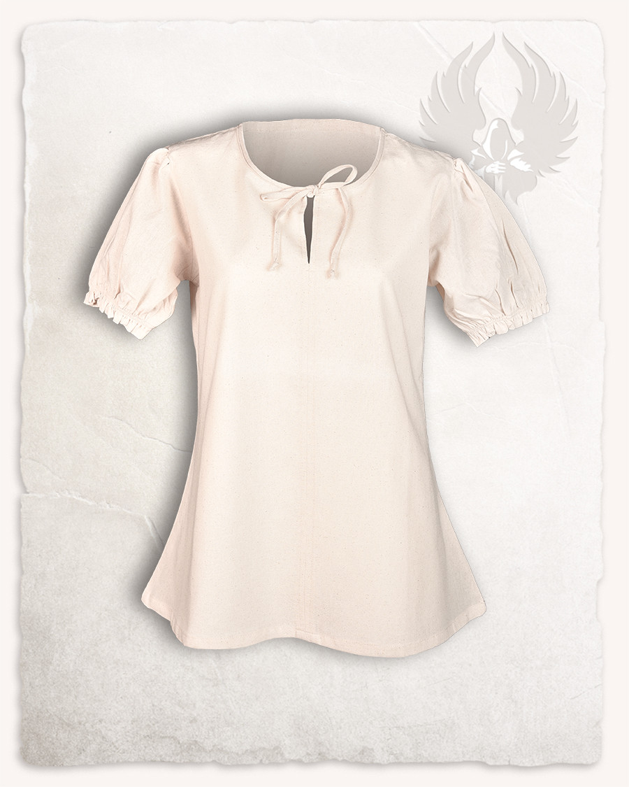 Blusa medieval Elisa manga curta, cor creme, com laço frontal
