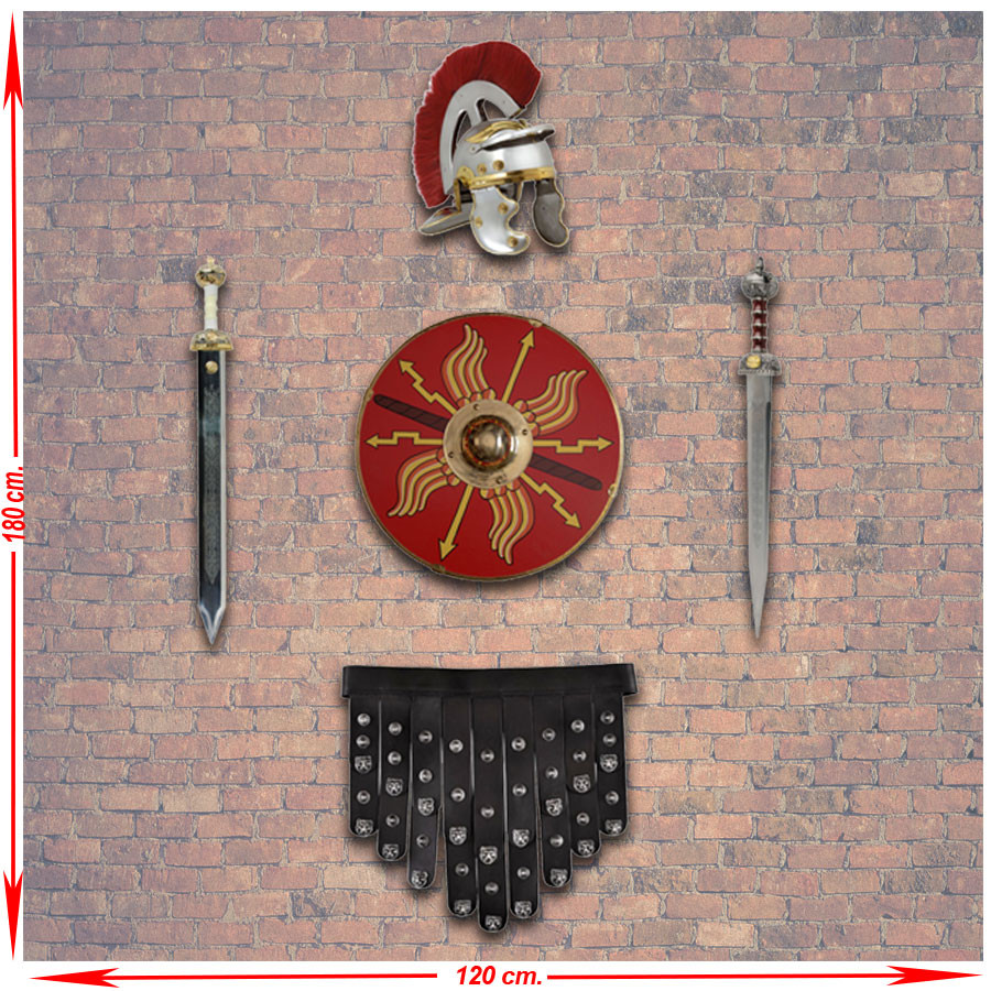 Panóplia de armas legiões romanas. escudo, gládio, elmo e cíngulo