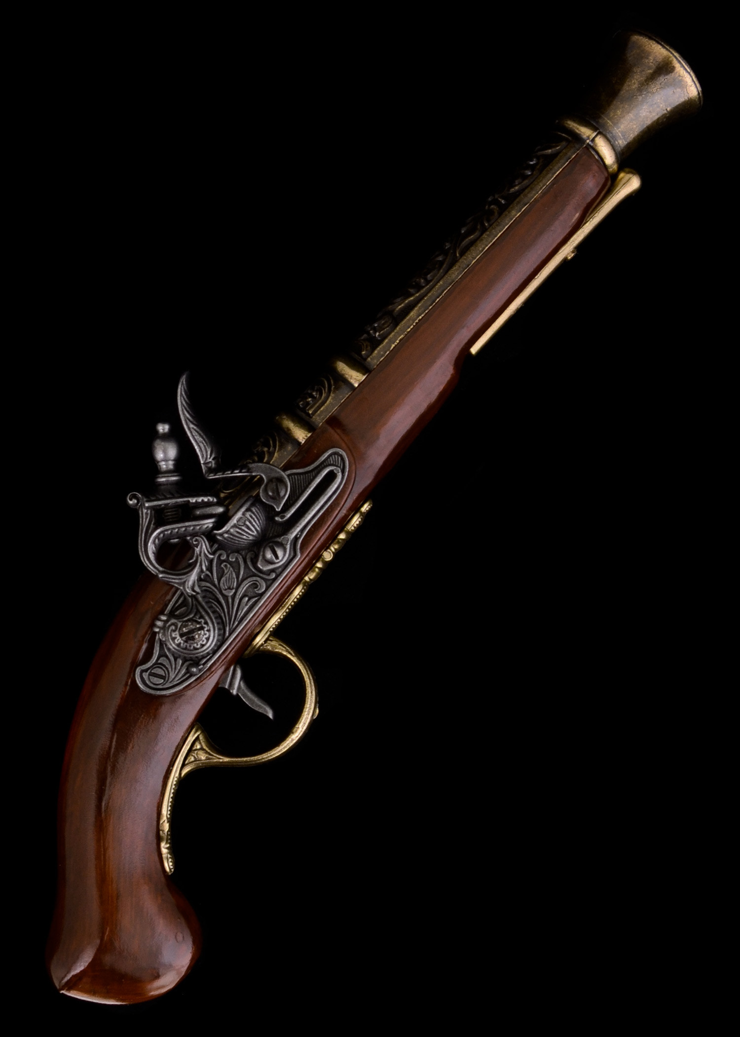 Pistola pirata, tipo bacamarte, pederneira decorativa de pederneira (século XVIII)