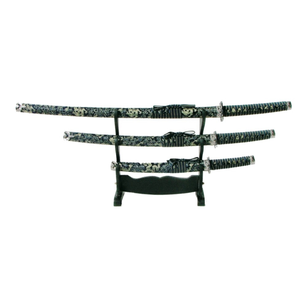 Conjunto ornamental com Katana azulada, wakizashi e tanto