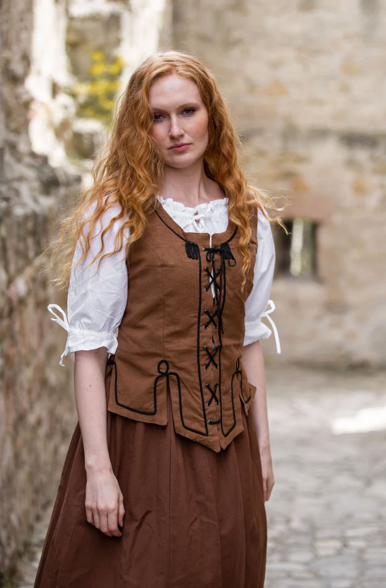 Colete medieval com bordado Selma, cor marrom