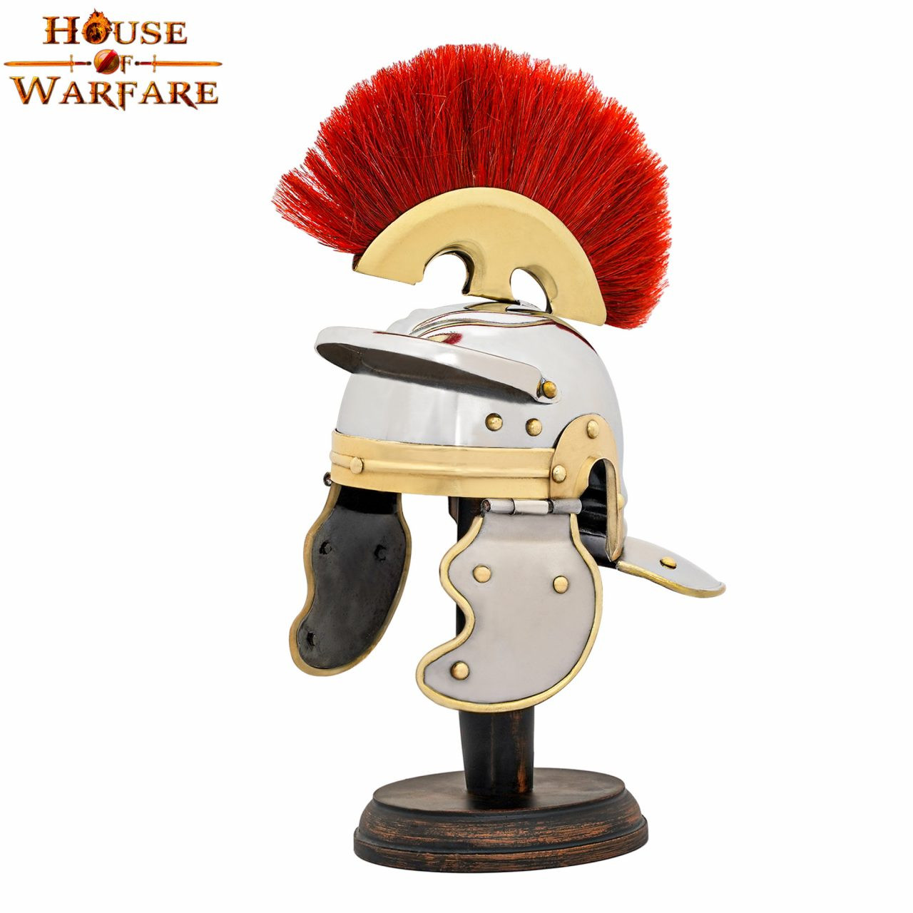 Mini capacete legionário romano com suporte de madeira