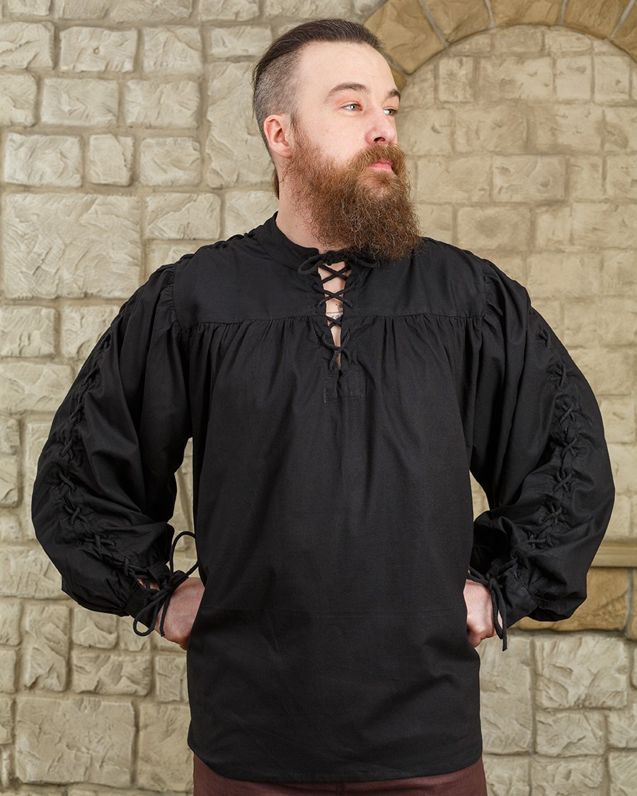Camisa medieval preta com gravata modelo Alex