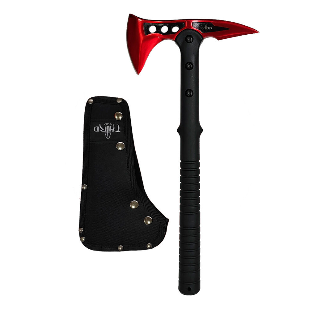 Terceiro Machado Tático em acabamento aço 420 vermelho, 39 cm.