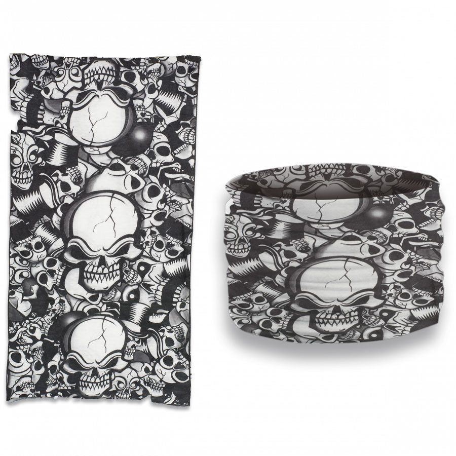 Aquecedor de pescoço militar preto e branco com caveiras