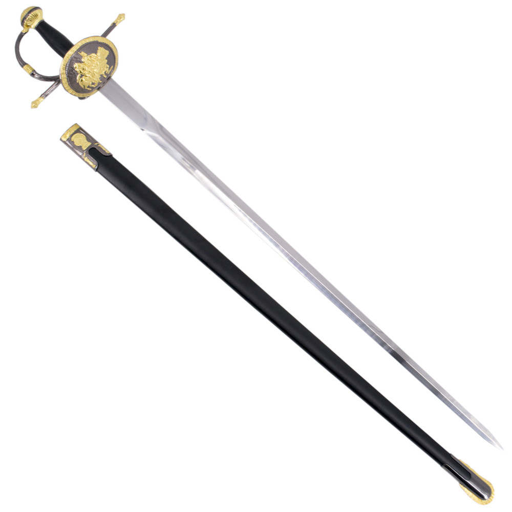 Espada Dom Quixote com acabamento em níquel e ouro