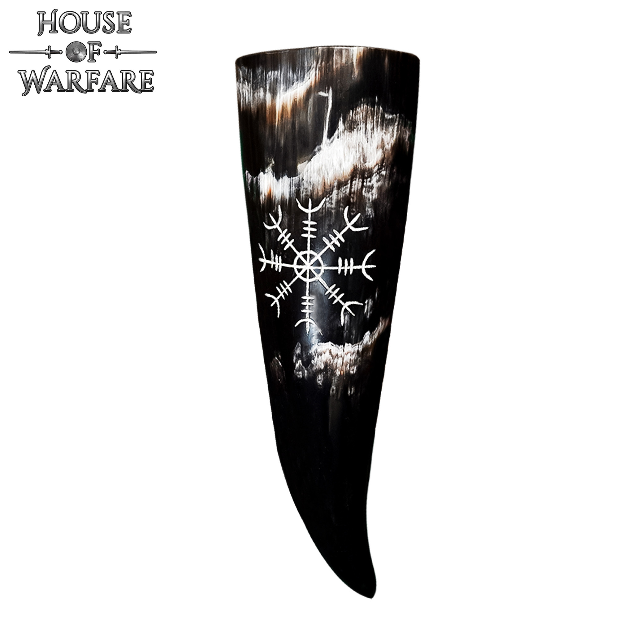 Chifre de beber Viking com design Aegishjalmur esculpido à mão.