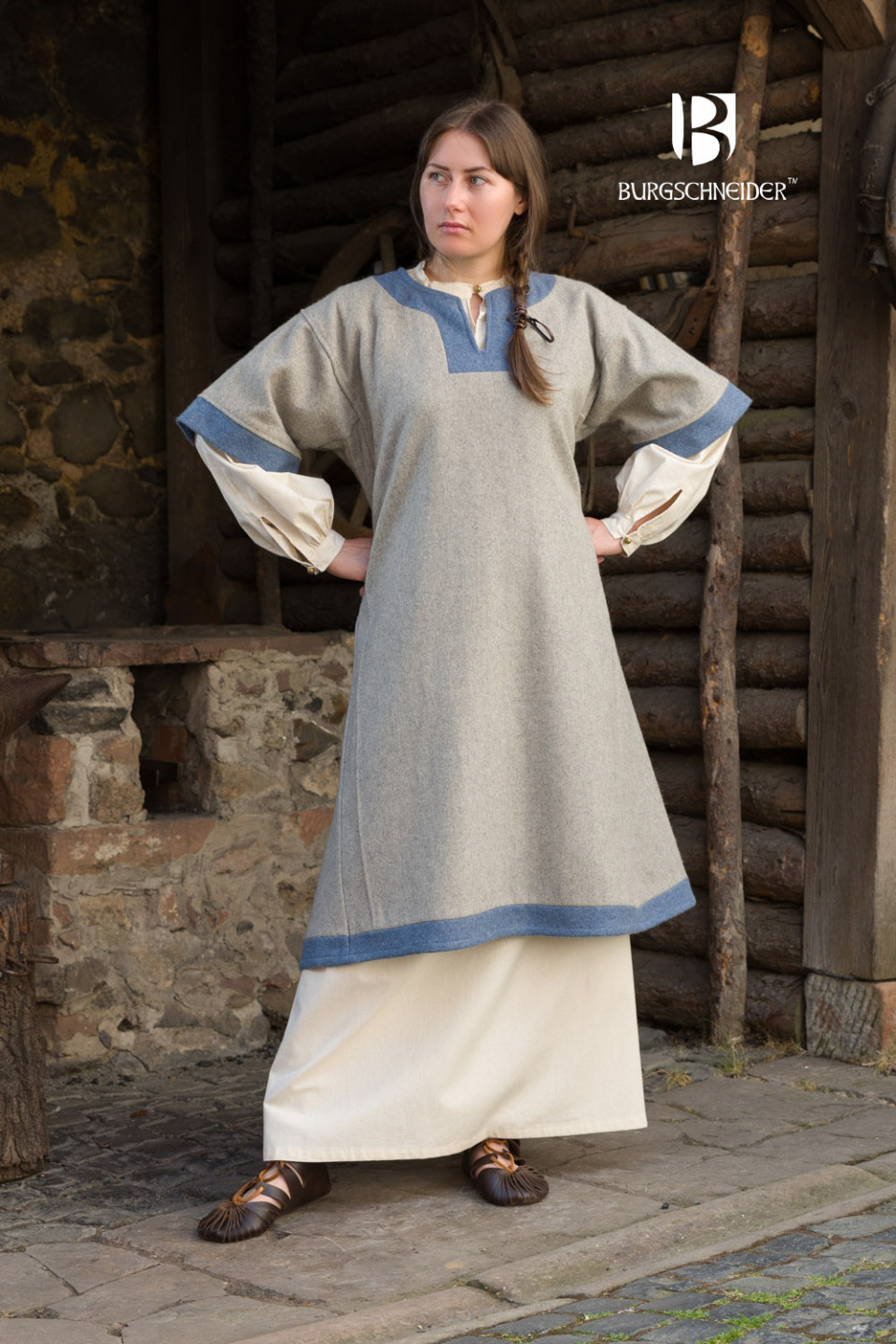Vestido medieval modelo Rus Luiza, Azul claro-Cinza