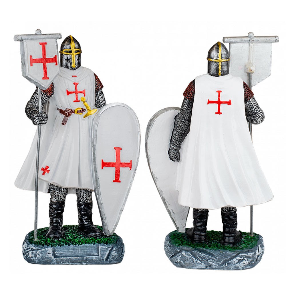 Miniatura de cavaleiro templário com estandarte e escudo (18 cm.)