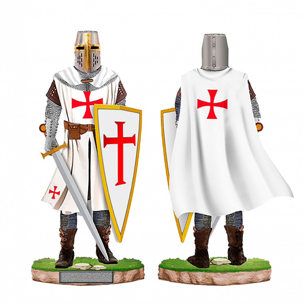 Miniatura de cavaleiro templário com capacete, escudo e espada (18 cm.)