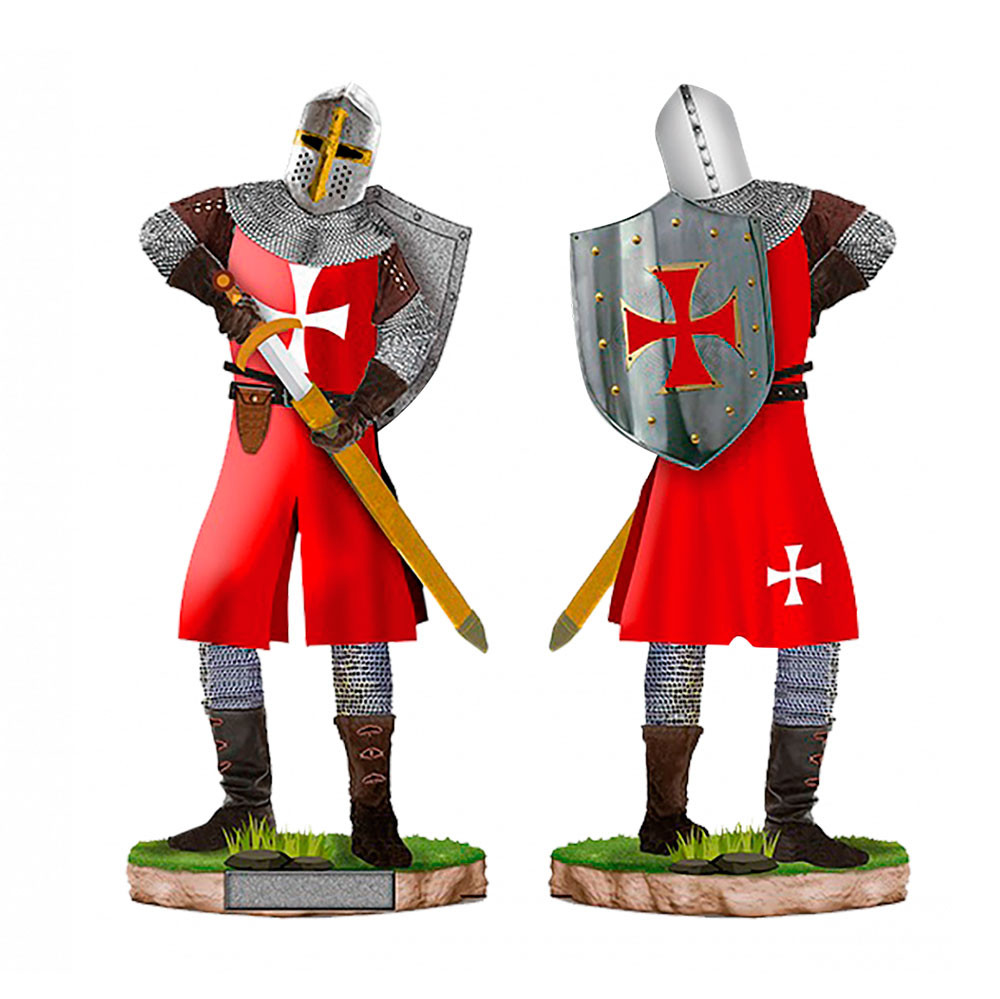 Cavaleiro templário vermelho em miniatura com capacete, escudo e espada (18 cm.)