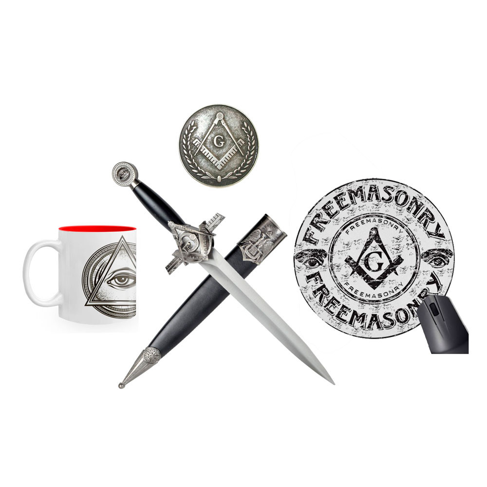 Pacote de mesa maçônica: Adaga, copo, peso de papel e tapete