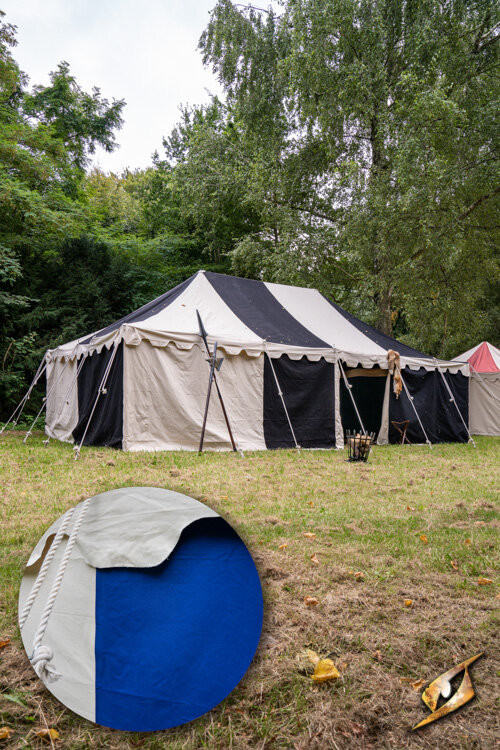 Tenda marquise medieval azul natural de 5 x 8 metros. (Versão compacta)