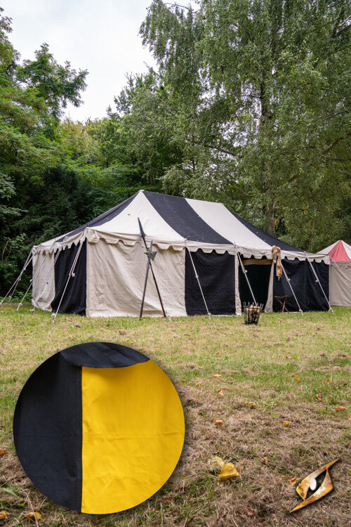 Tenda medieval, preto-amarelo, 5 x 8 metros. (Versão compacta)