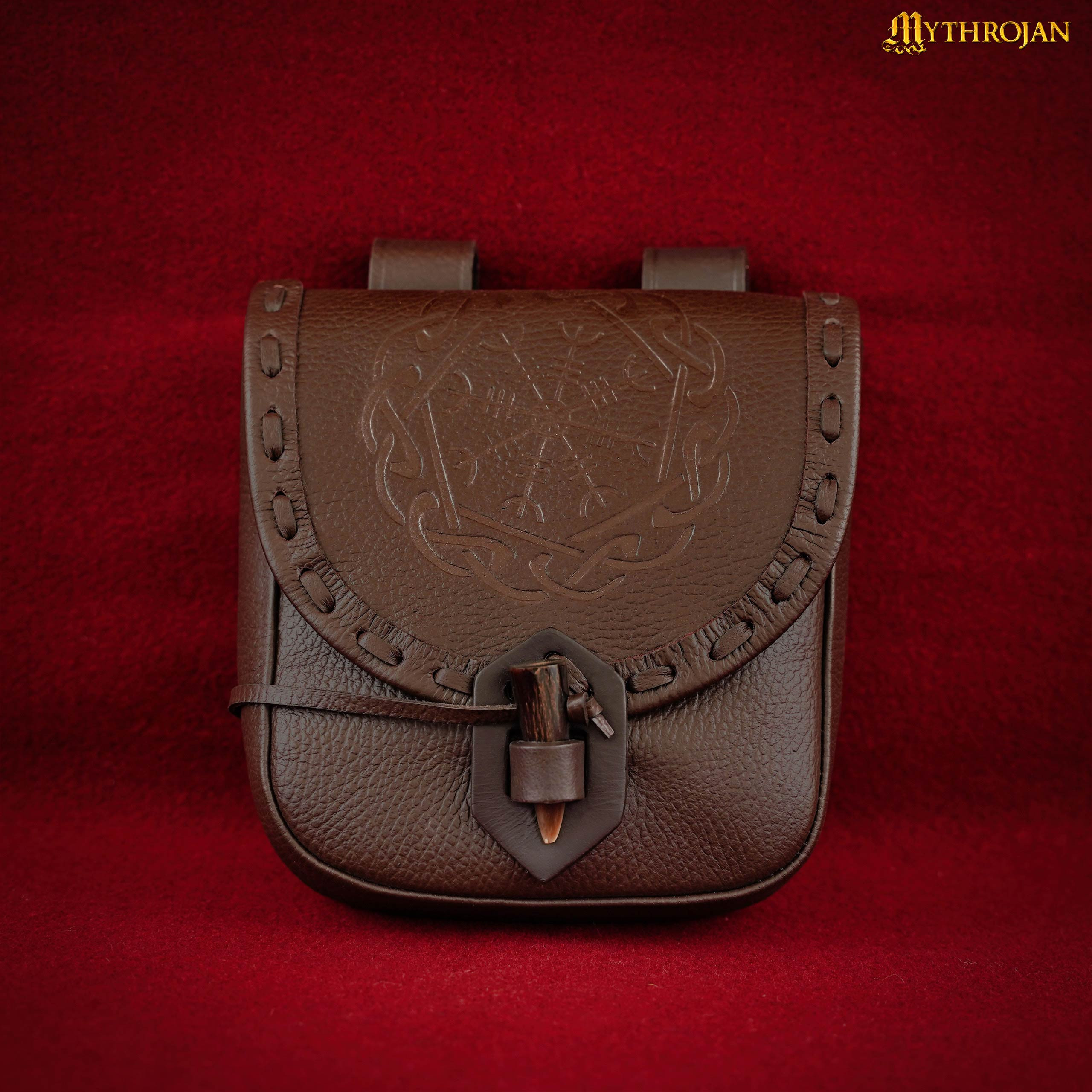 Bolsa nórdica com símbolo Aegishjalmur em couro em relevo, marrom