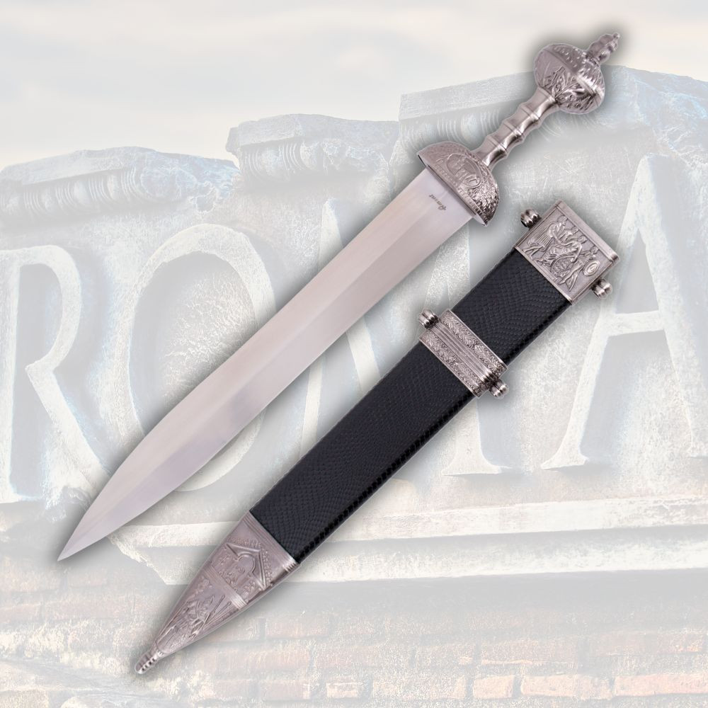 Espada romana Gladius bainha negra decorada, níquel