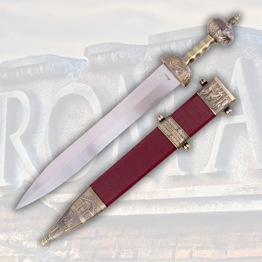 Espada romana Gladius bainha negra decorada, acabamento bronze